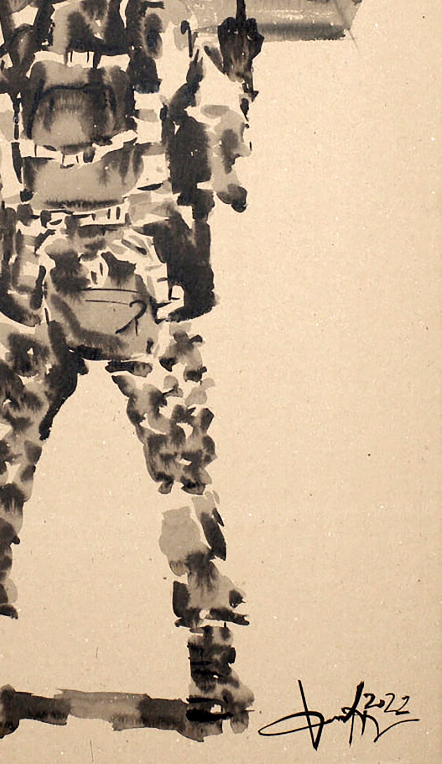 Monochromatic ink painting of camouflaged soldier by Dima Filatov