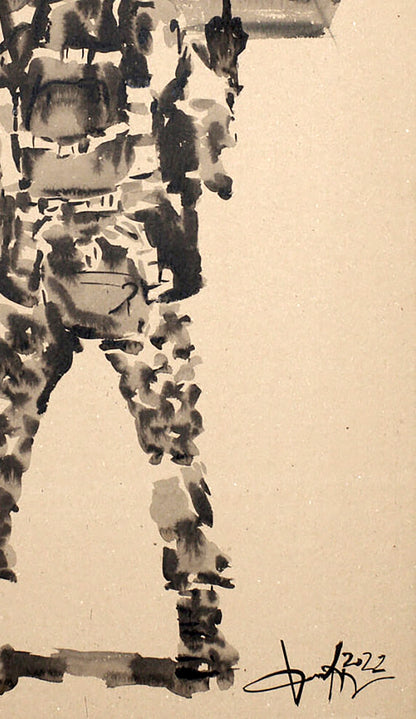 Monochromatic ink painting of camouflaged soldier by Dima Filatov