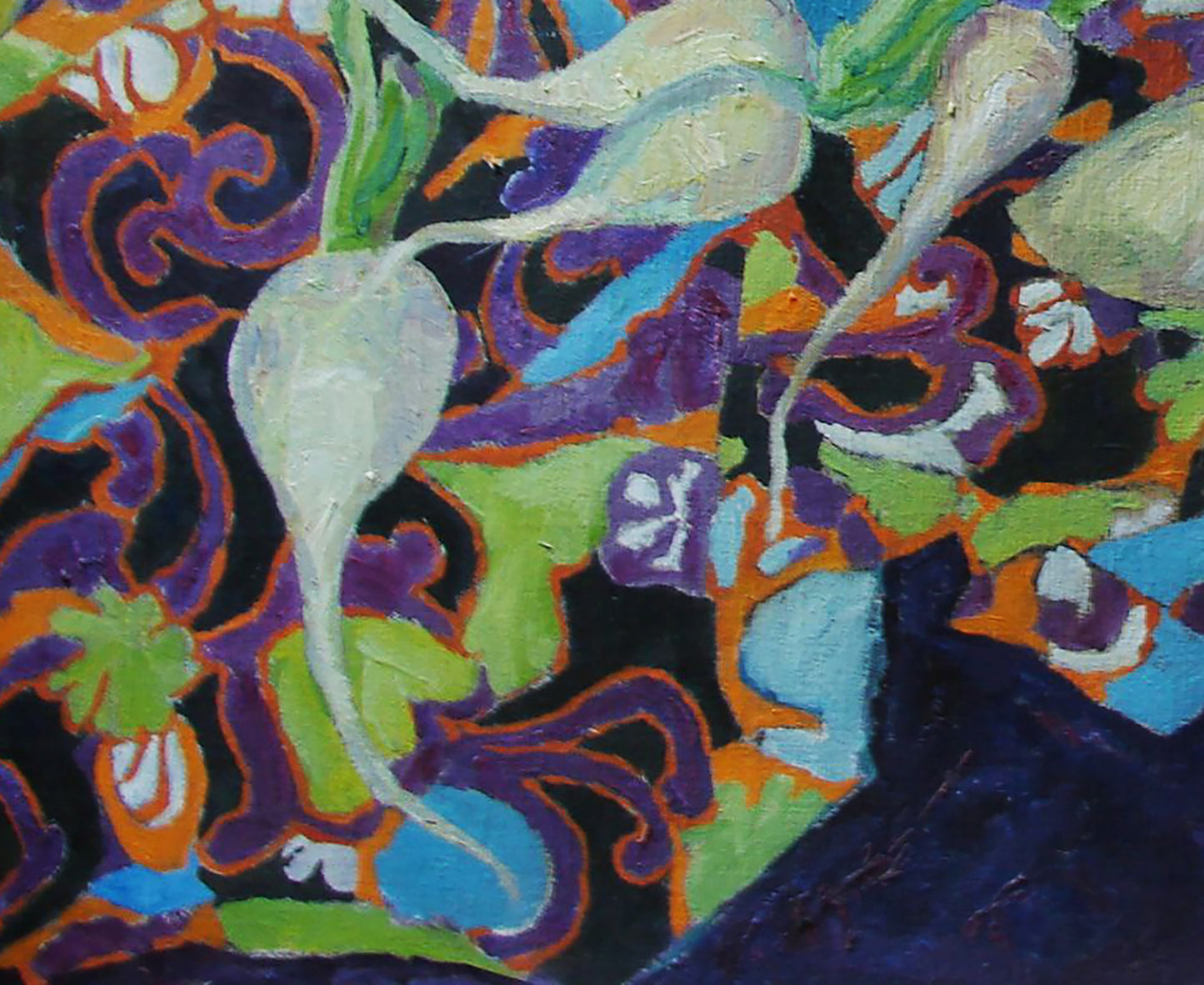 Vibrant abstract oil painting of white radishes with green stems by Tatyana Shulyak