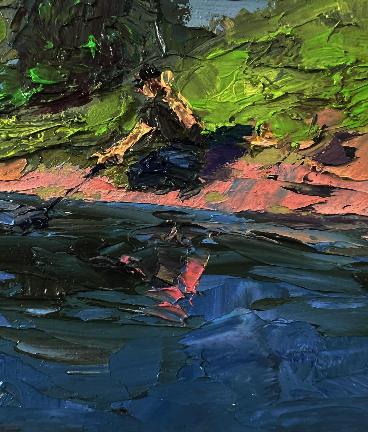 Oil painting Morning fishing by Boris Serdyuk, textured impasto figure by water