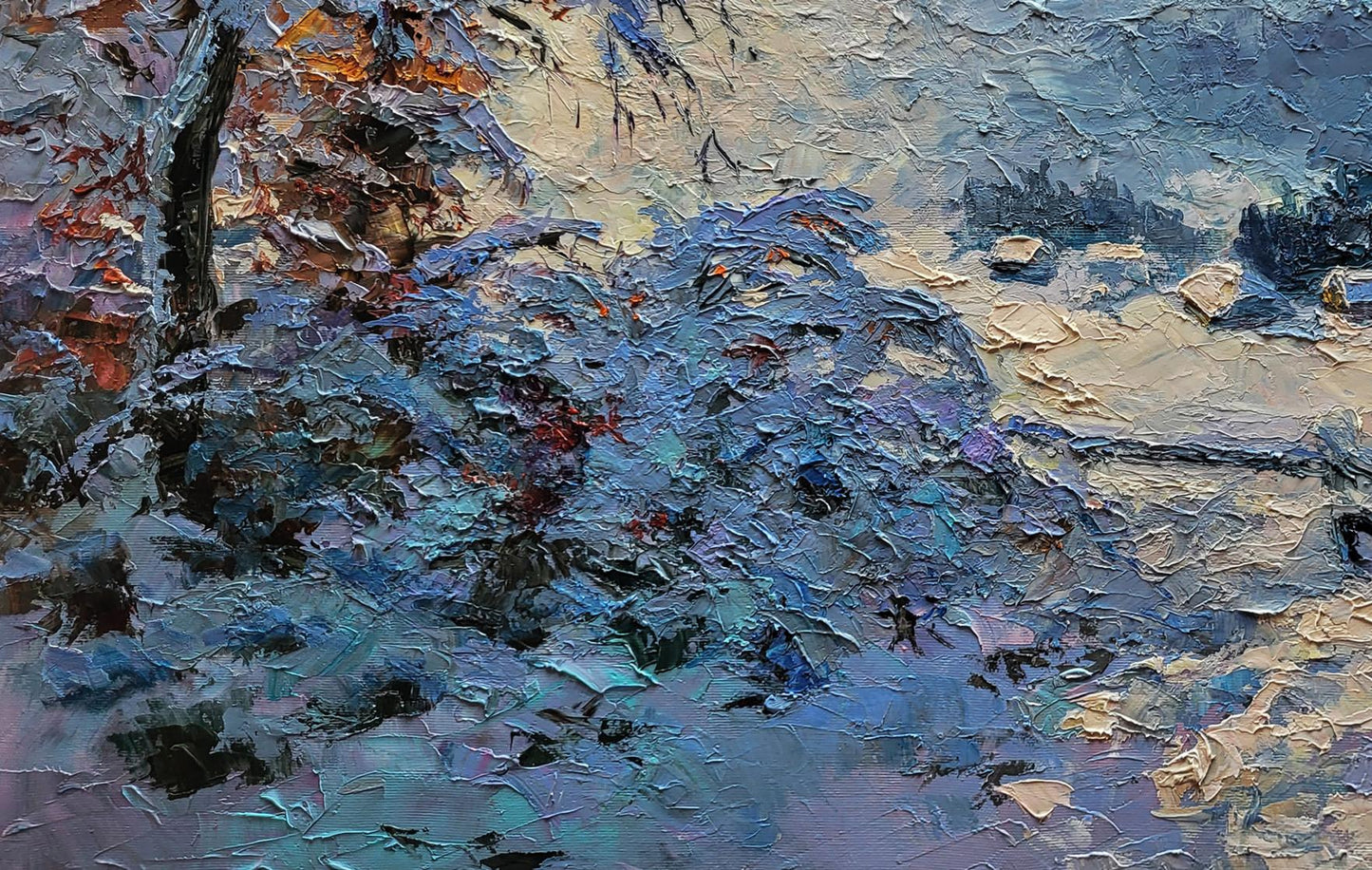 Textured impressionistic oil painting of winter mountains by Boris Serdyuk