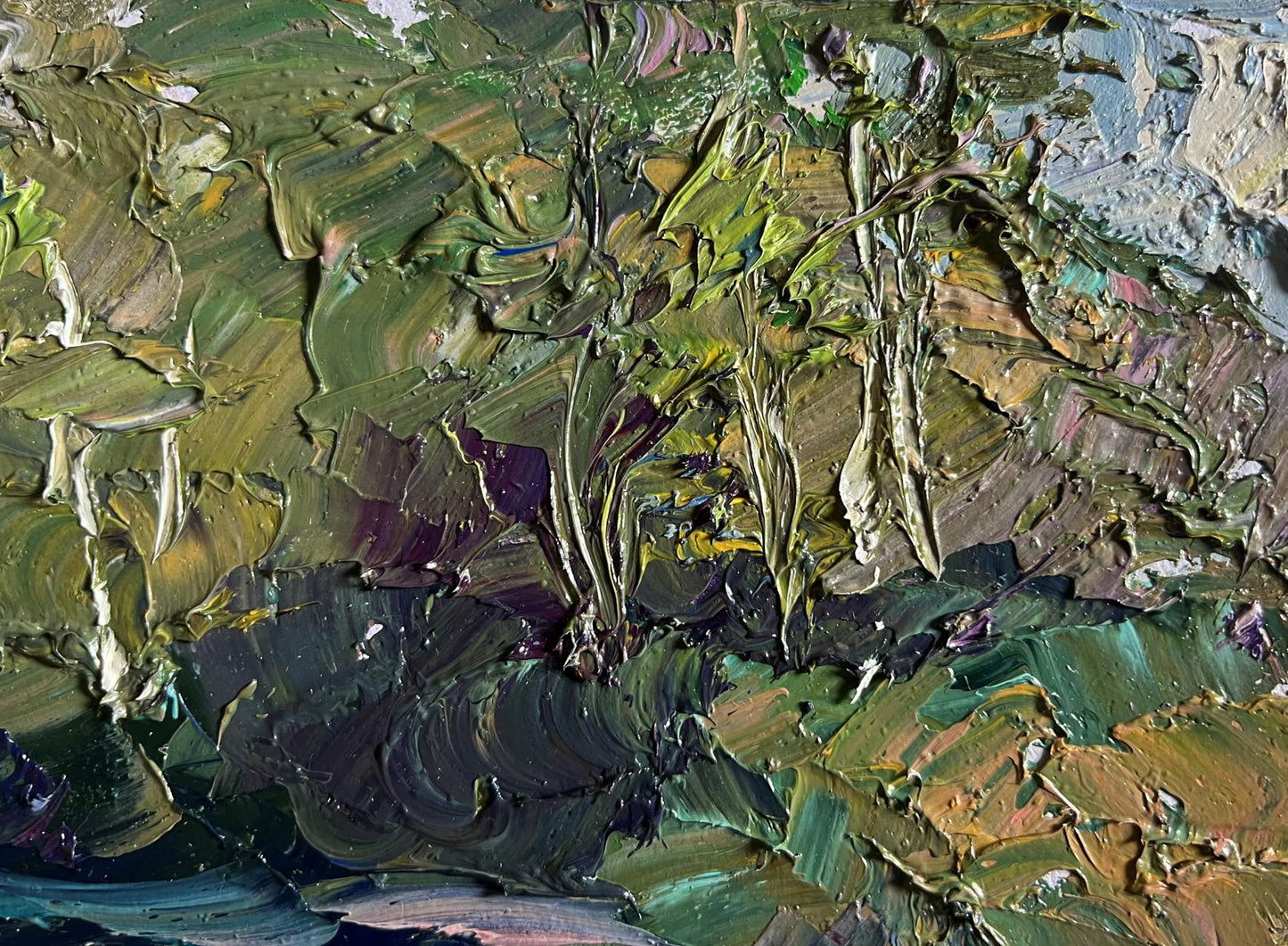 Oil painting Relaxation on the Lake by Boris Serdyuk, impasto green tones