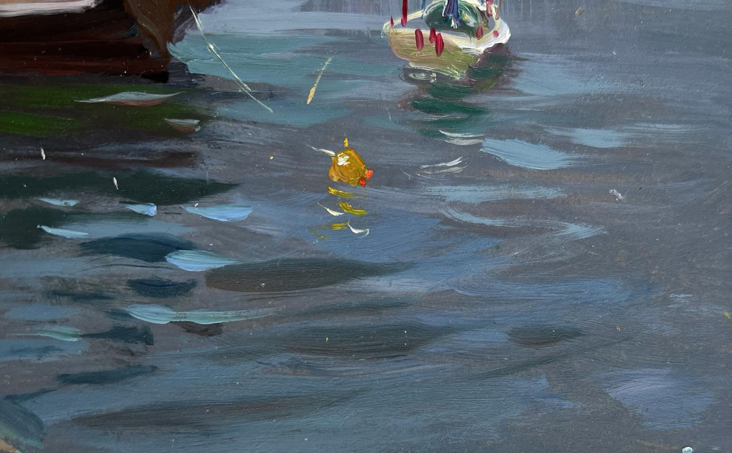Translucent yellow bottle with red cap floating in water, Yuriy Suprunchuk ship painting