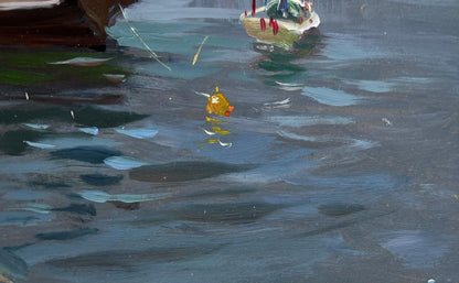 Translucent yellow bottle with red cap floating in water, Yuriy Suprunchuk ship painting