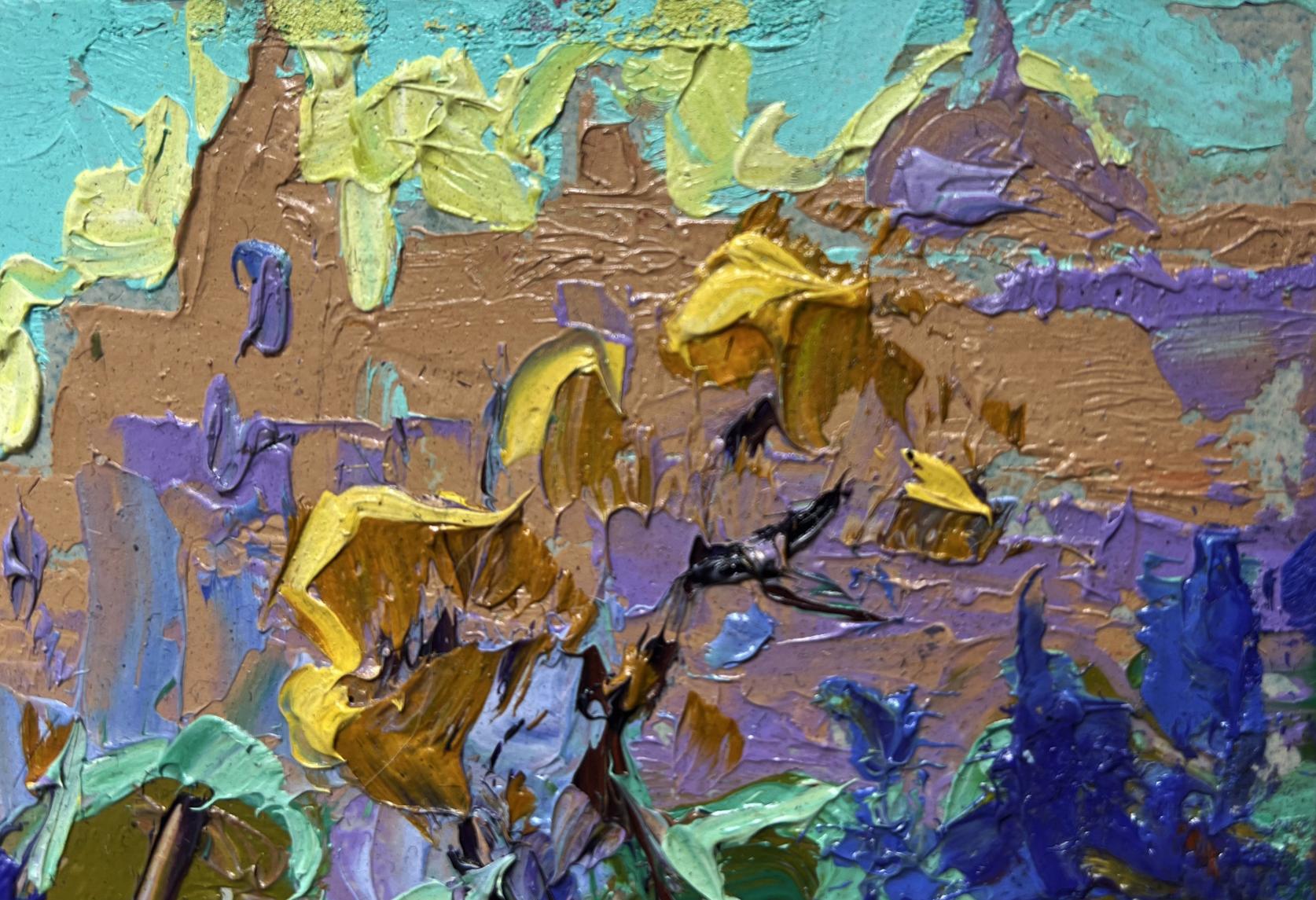 Oil painting Morning bustle of the city by Oleksiy Ivanyuk in teal, gold, purple, brown