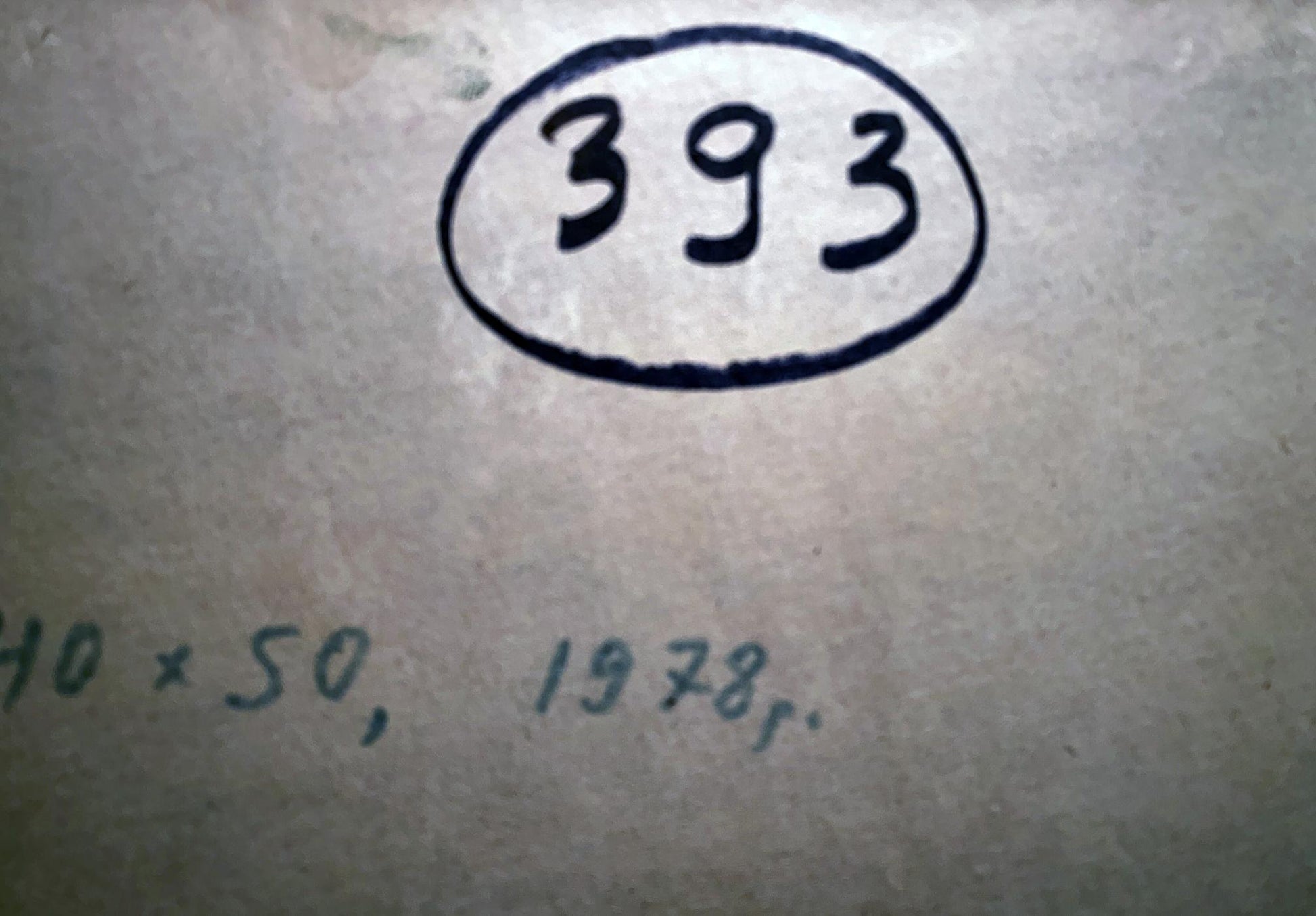 Back of Oil painting Late fall Yuriy Zlyden: handwritten 393 in black oval on beige paper