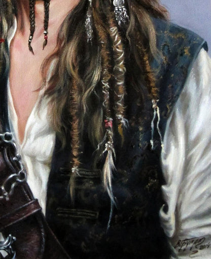 Oil painting self-portrait as Jack Sparrow with long brown-blonde dreadlocks, silver charms, feathers by Valeriy Bulat