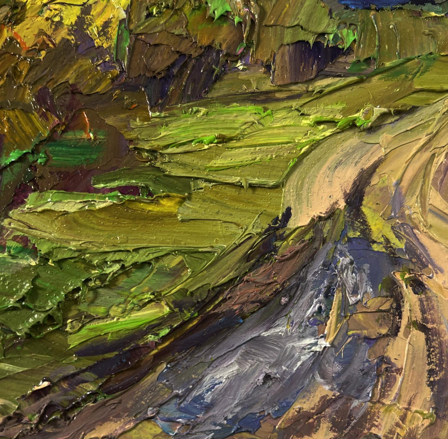 Oil painting of road through autumn forest by Boris Serdyuk