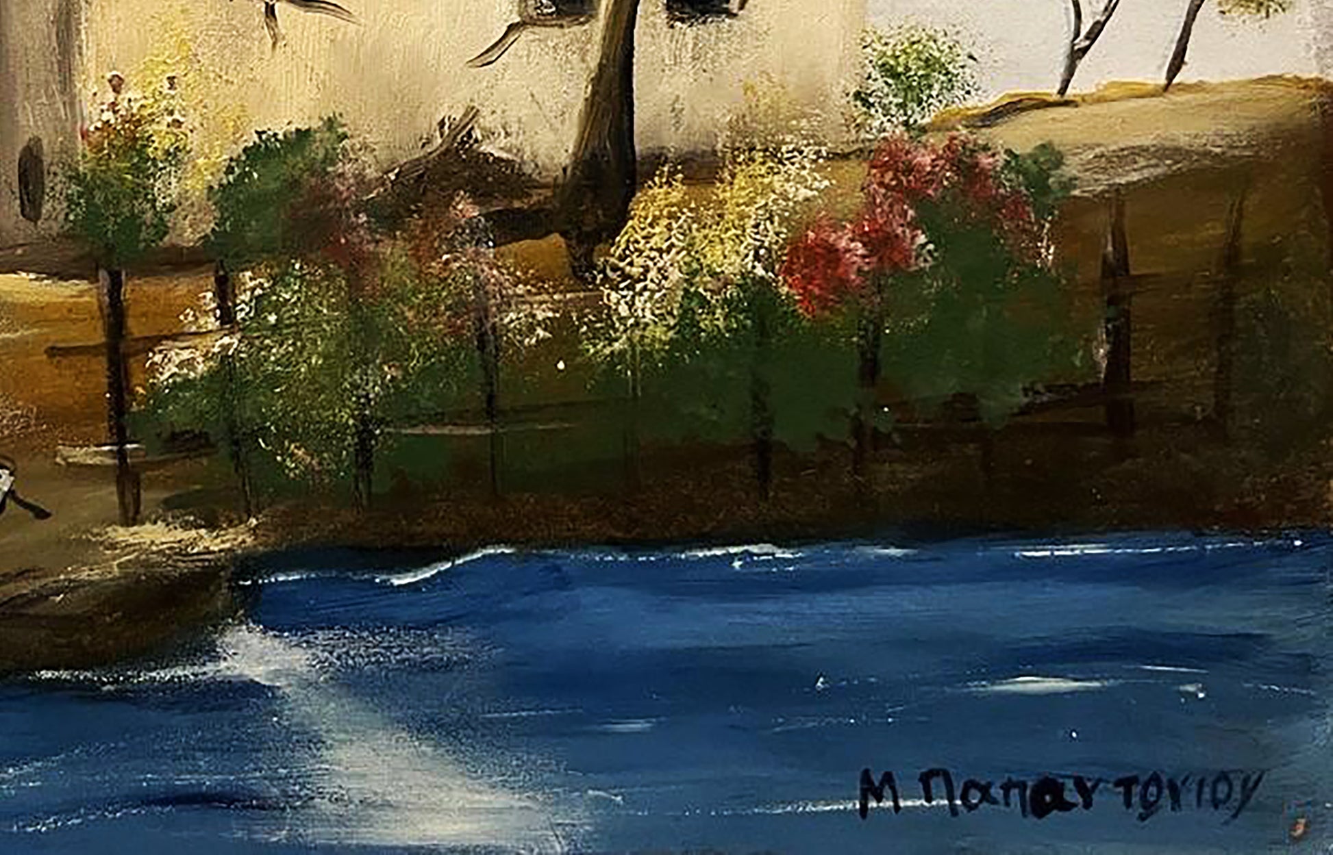 Textured oil painting of riverside houses by the sea with vibrant foliage, artist m