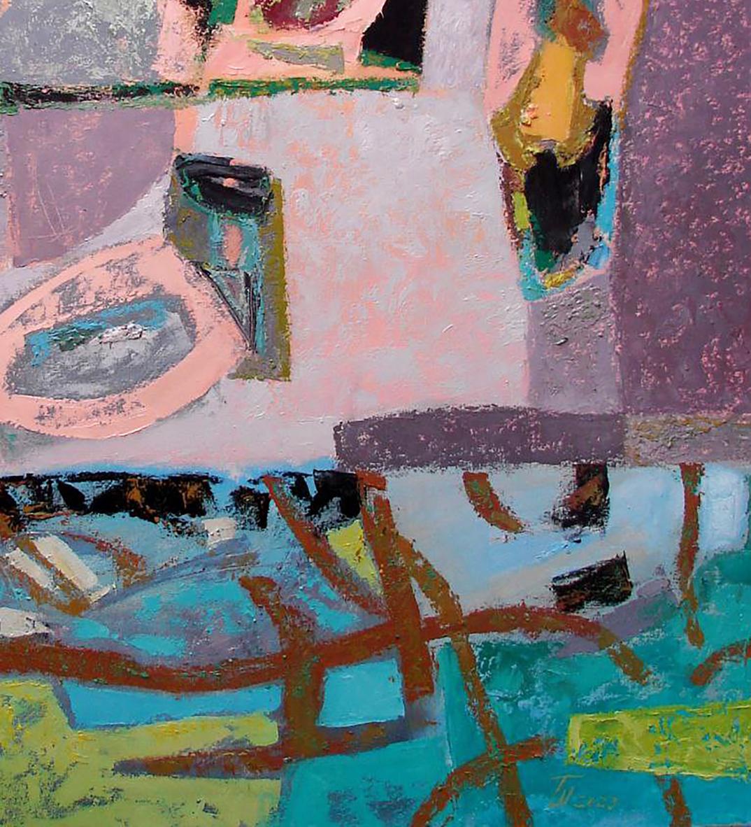 Oil painting Shape Transformation by Tatyana Shulyak in pink teal purple ochre