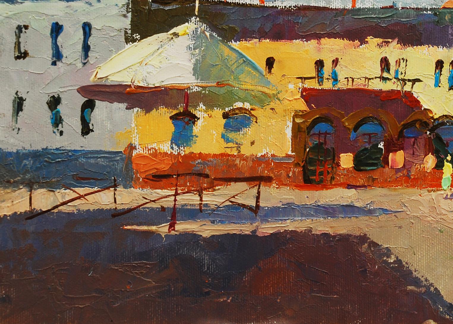 Oil painting Summer in the city by Egor Shvachunov: vibrant yellow seaside building