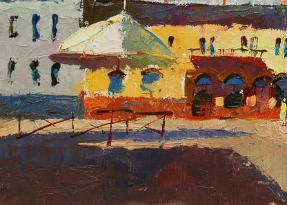 Oil painting Summer in the city by Egor Shvachunov: vibrant yellow seaside building