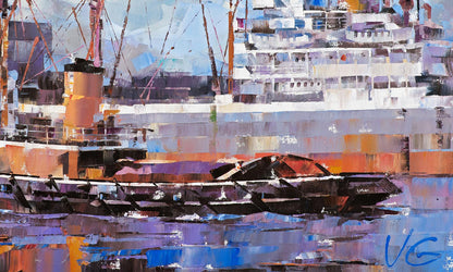 Abstract oil painting of cargo ship and tugboat by Volodymyr Gluhomanyuk