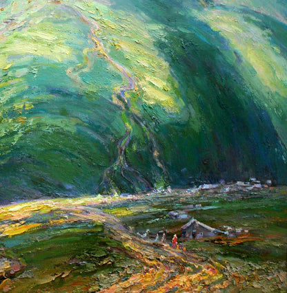 Vibrant impressionist oil painting of lush green valley high in mountains by Leonid Pavlenko