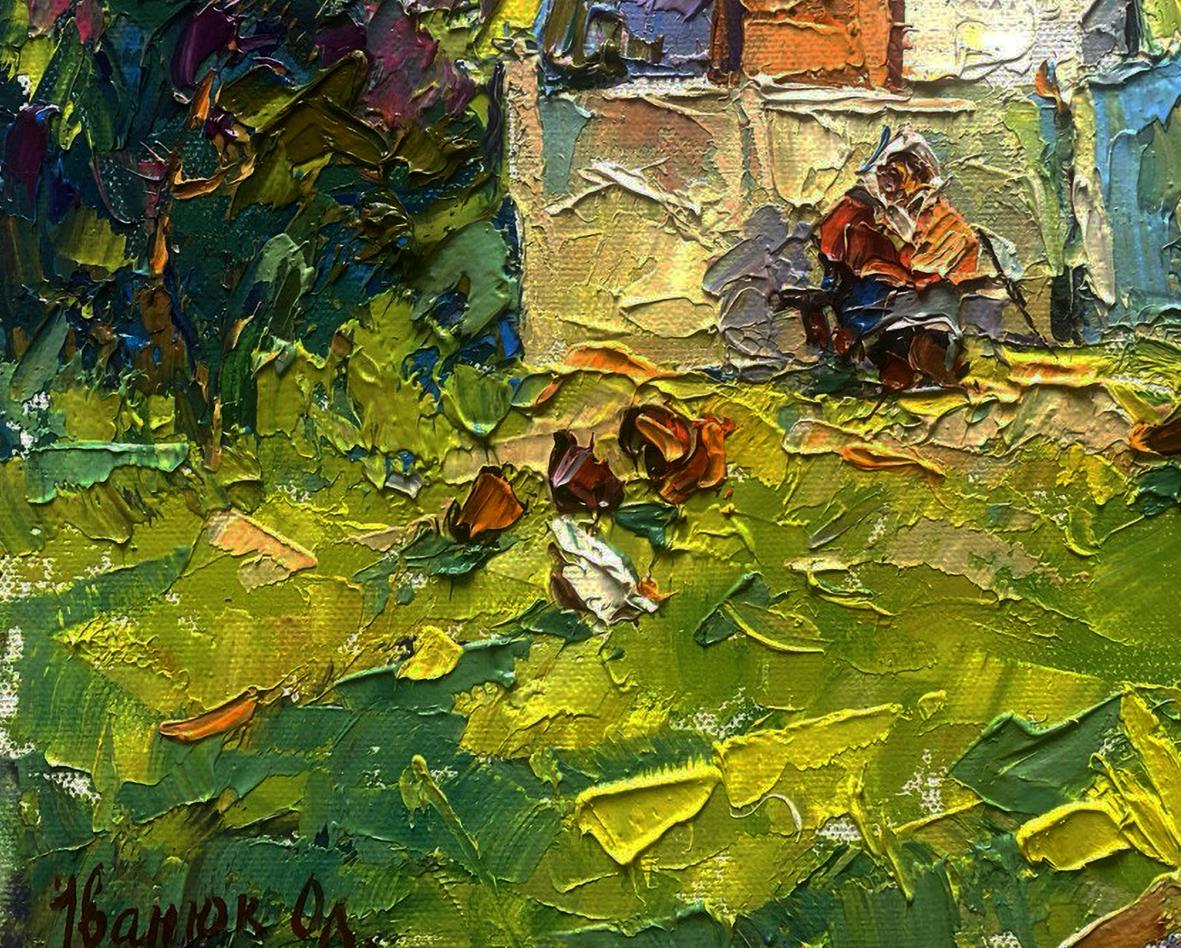 Oil painting Spring Awakening by Alex Kaleniuk: figure in orange coat on green grass