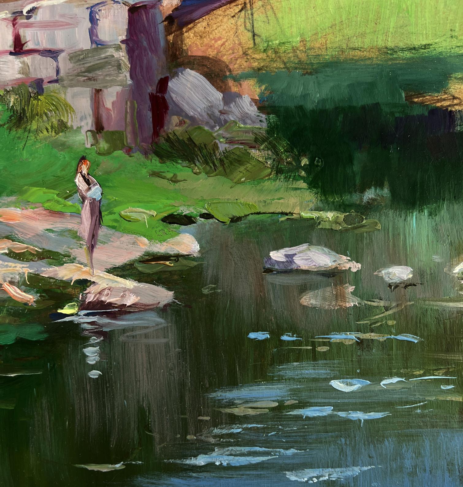 Oil painting of woman in lavender robe by green pond by Yuriy Suprunchuk