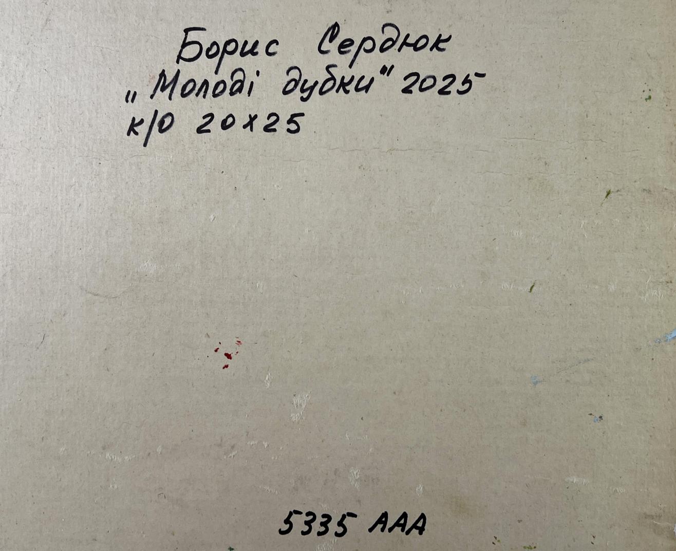Back of Oil painting The youth of nature Boris Serdyuk with handwritten inscription on textured off-white canvas