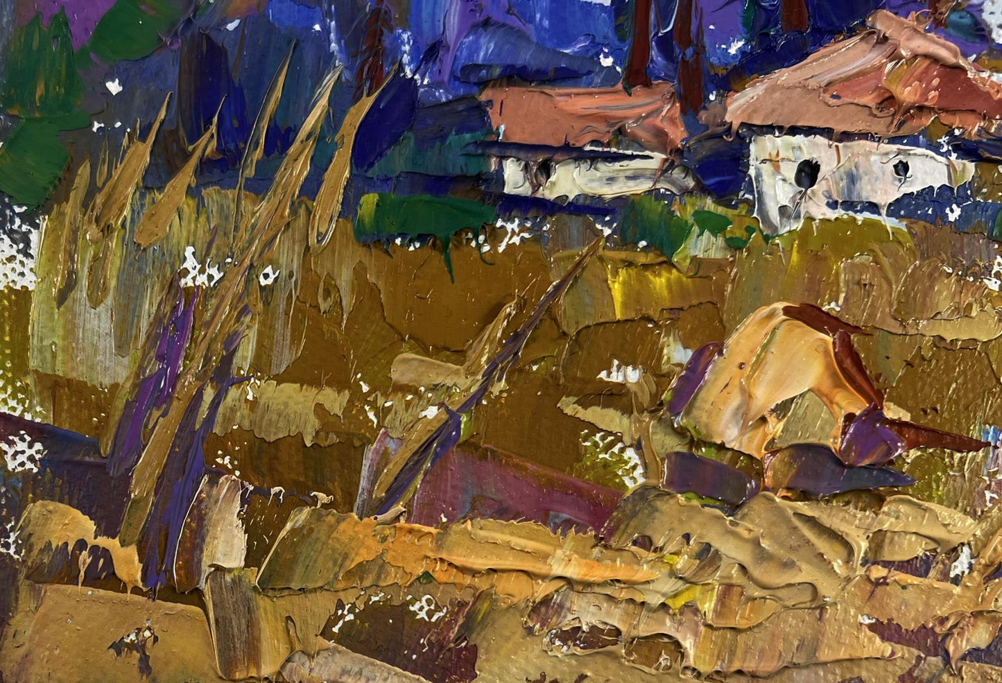 Vibrant impressionist oil painting by Oksana Ivanyuk: rustic village in golds, purples, blues