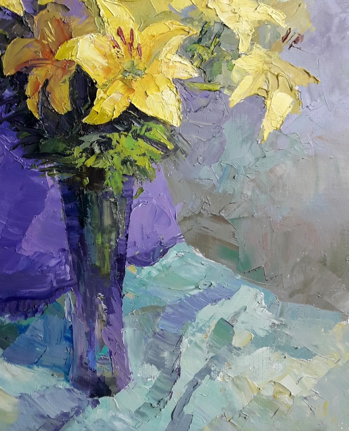 Oil painting of vibrant yellow lilies by Boris Serdyuk in purple vase
