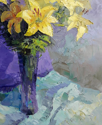 Oil painting of vibrant yellow lilies by Boris Serdyuk in purple vase