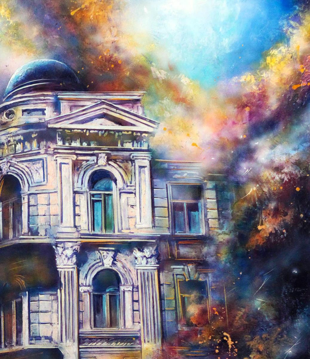 Oil painting Evening city by Alexander Dobrodiy: ornate building under swirling sky