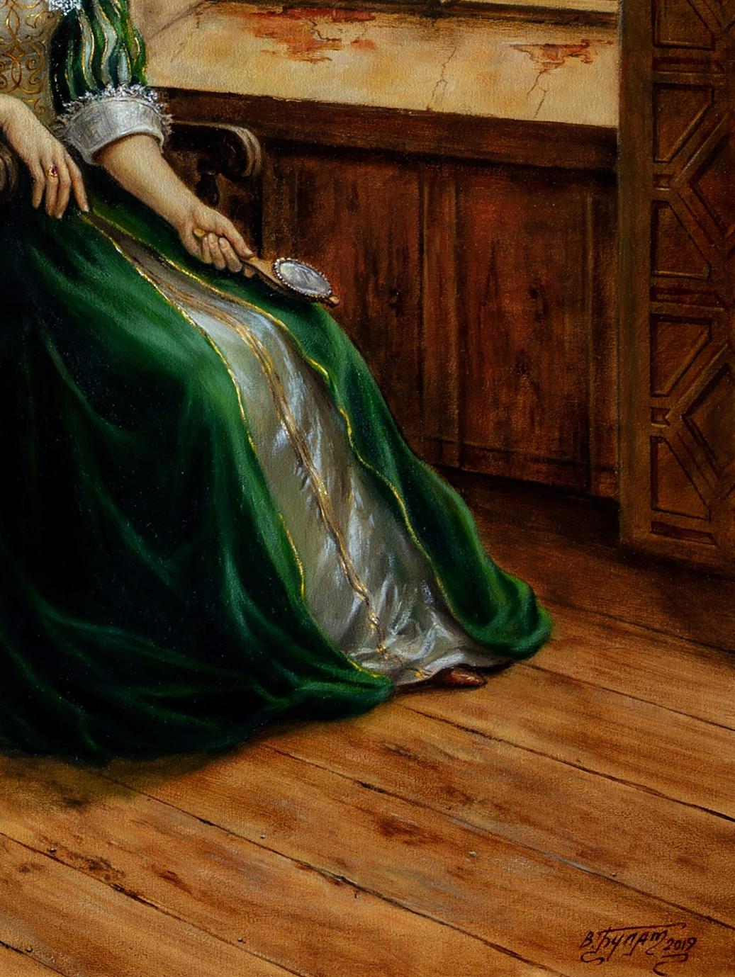 Oil painting My strength is in my weakness by Valeriy Bulat: woman in green velvet gown