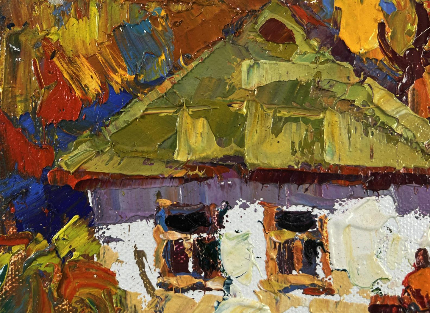 Vibrant oil painting of house with green roof, white walls by Oksana Ivanyuk
