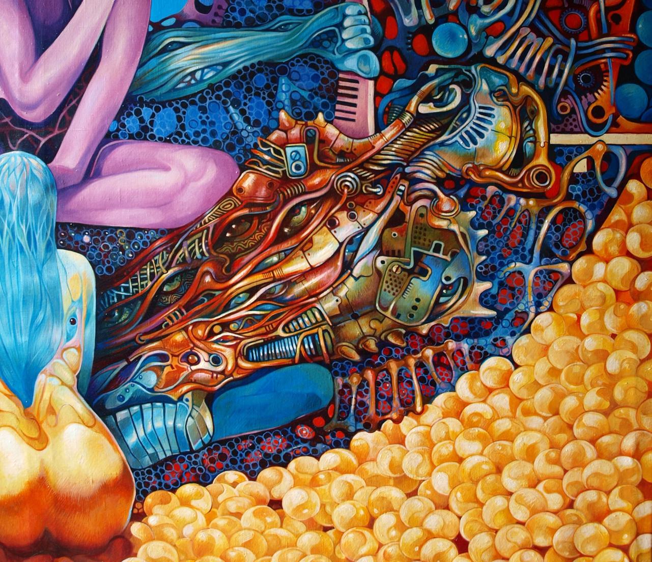 Oil painting Brahmajyoti by Konsta G. Amelinn: mechanical serpent with copper gold circuitry