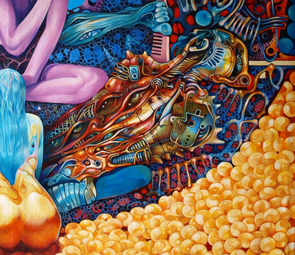 Oil painting Brahmajyoti by Konsta G. Amelinn: mechanical serpent with copper gold circuitry