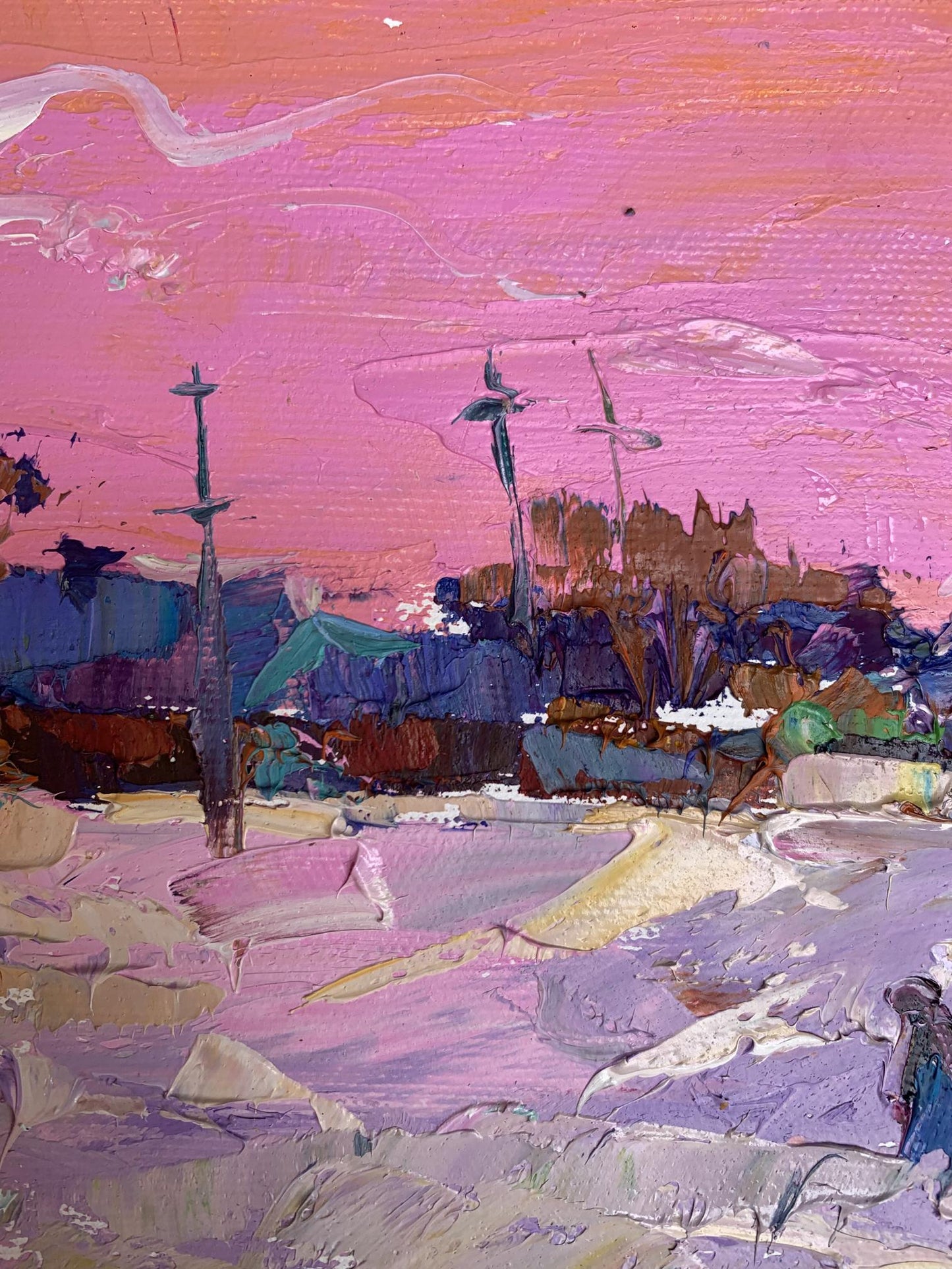 Vibrant impressionist oil painting by Oksana Ivanyuk with pink purple coastal skies