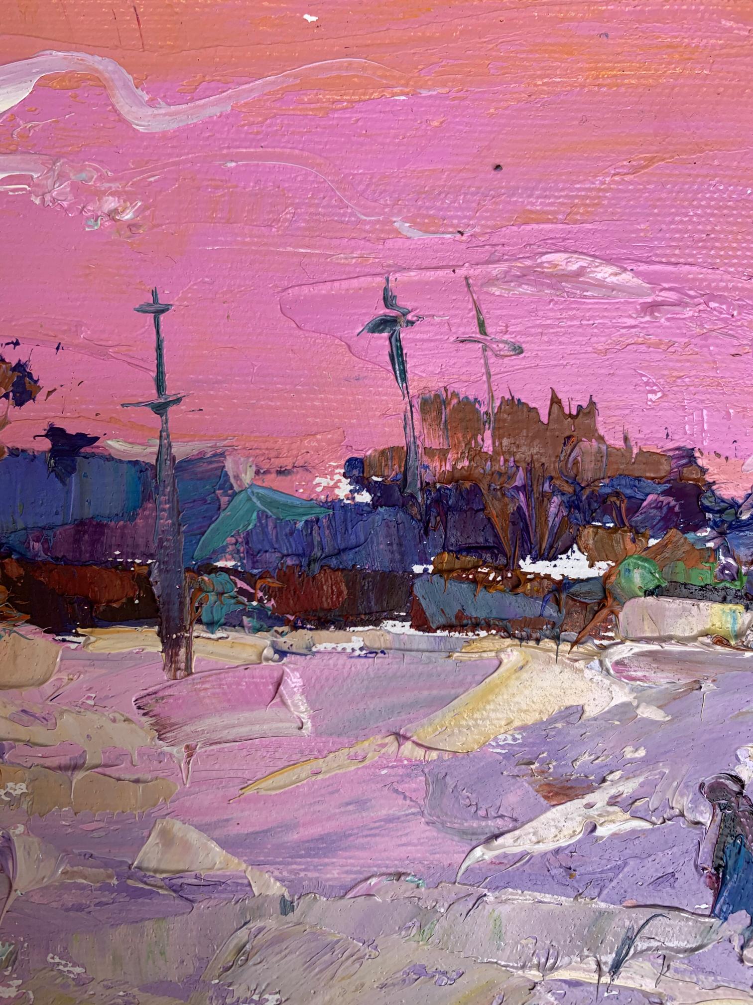 Vibrant impressionist oil painting by Oksana Ivanyuk with pink purple coastal skies