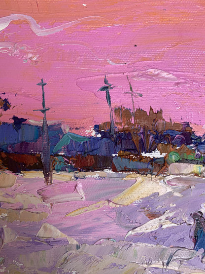 Vibrant impressionist oil painting by Oksana Ivanyuk with pink purple coastal skies