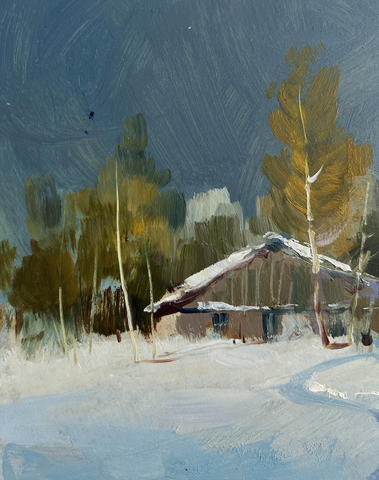 Oil painting of rustic snowy cabin in woods by Yuriy Suprunchuk