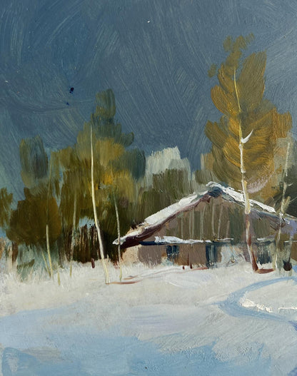 Oil painting of rustic snowy cabin in woods by Yuriy Suprunchuk