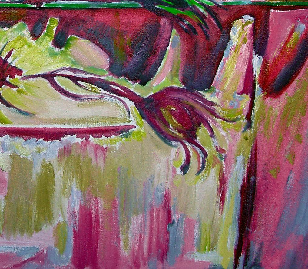 Oil painting Still life with a sink by Leonid Pavlenko vibrant abstract pink green yellow