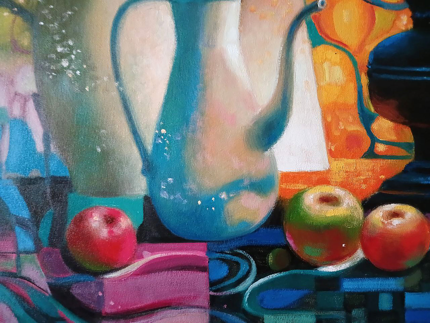 Vibrant blue ceramic pitcher in Anatoly Tarabanov oil painting style