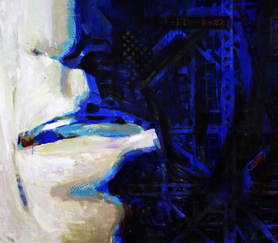Oil painting Gudon Ed Potapenkov with bold blue cream brushstrokes