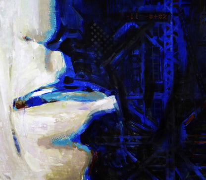 Oil painting Gudon Ed Potapenkov with bold blue cream brushstrokes