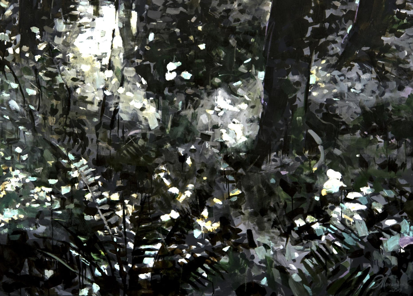 Oil painting Enlightenment by Ed Potapenkov: textured forest in dark greens, whites