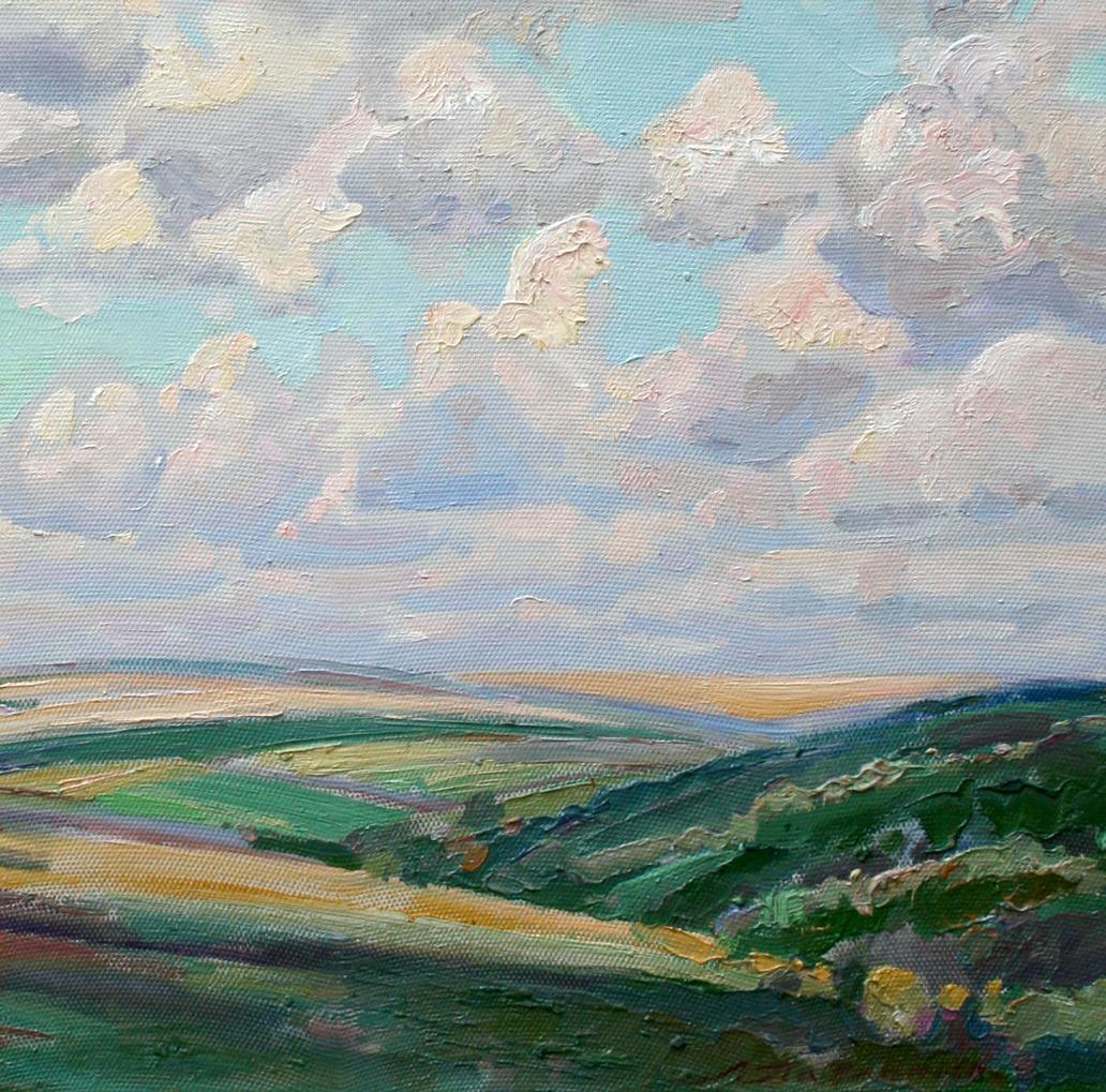 Oil painting In the fields by Leonid Pavlenko: textured green hills under cloudy sky