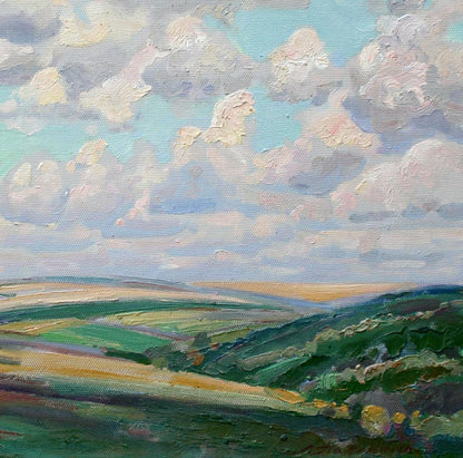 Oil painting In the fields by Leonid Pavlenko: textured green hills under cloudy sky