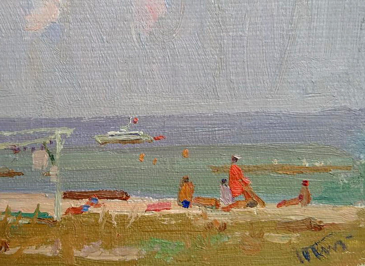 Oil painting Sea shores by Yury Konovalov: textured beach scene with figures