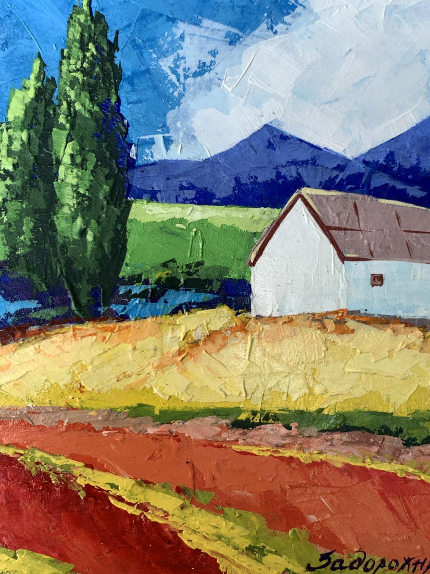 Oil painting of white barn house in mountains by V. Zadorozhnya