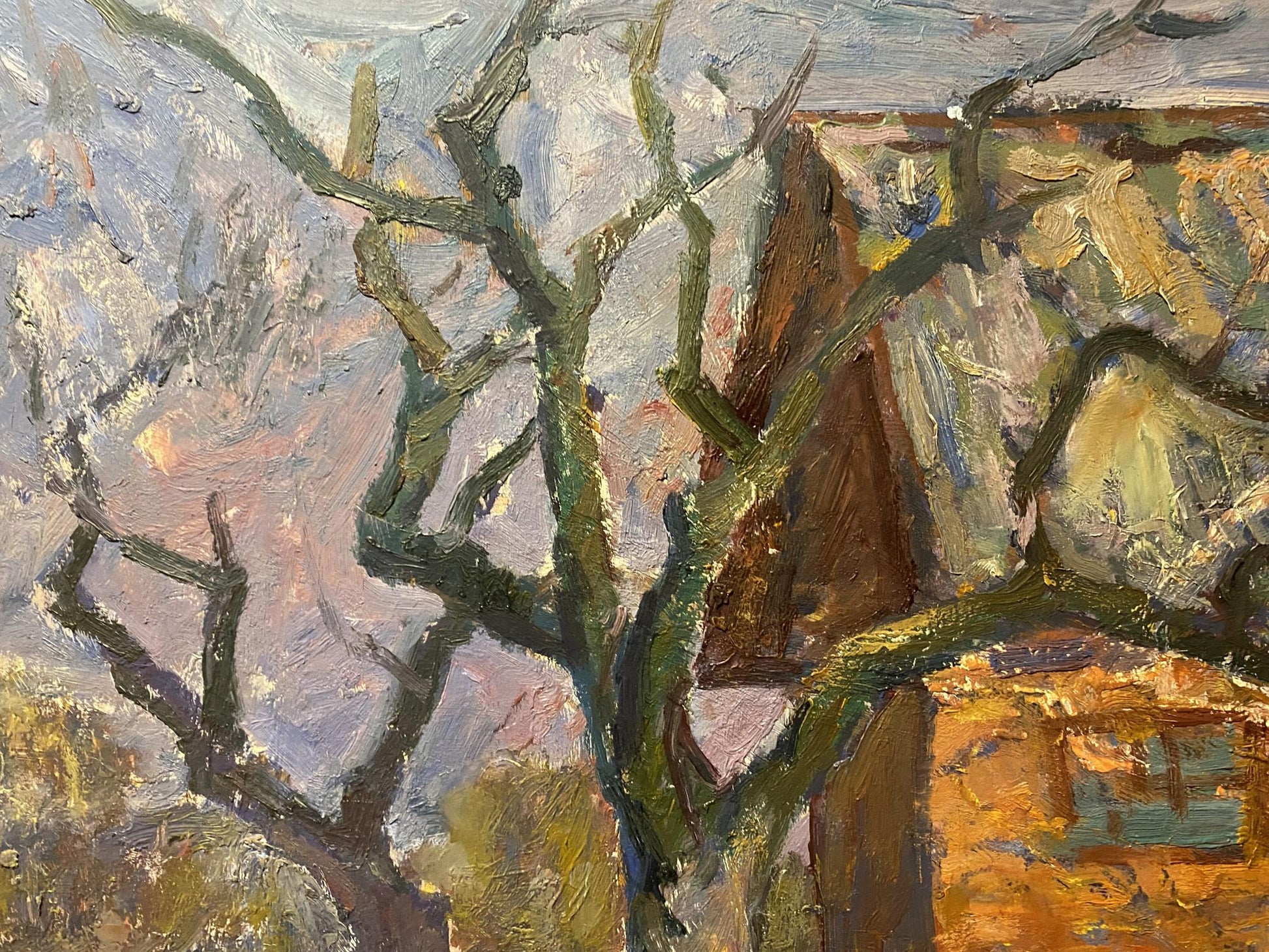 Oil painting March by Stanislav Petrashevsky: bare branches in green, brown tones