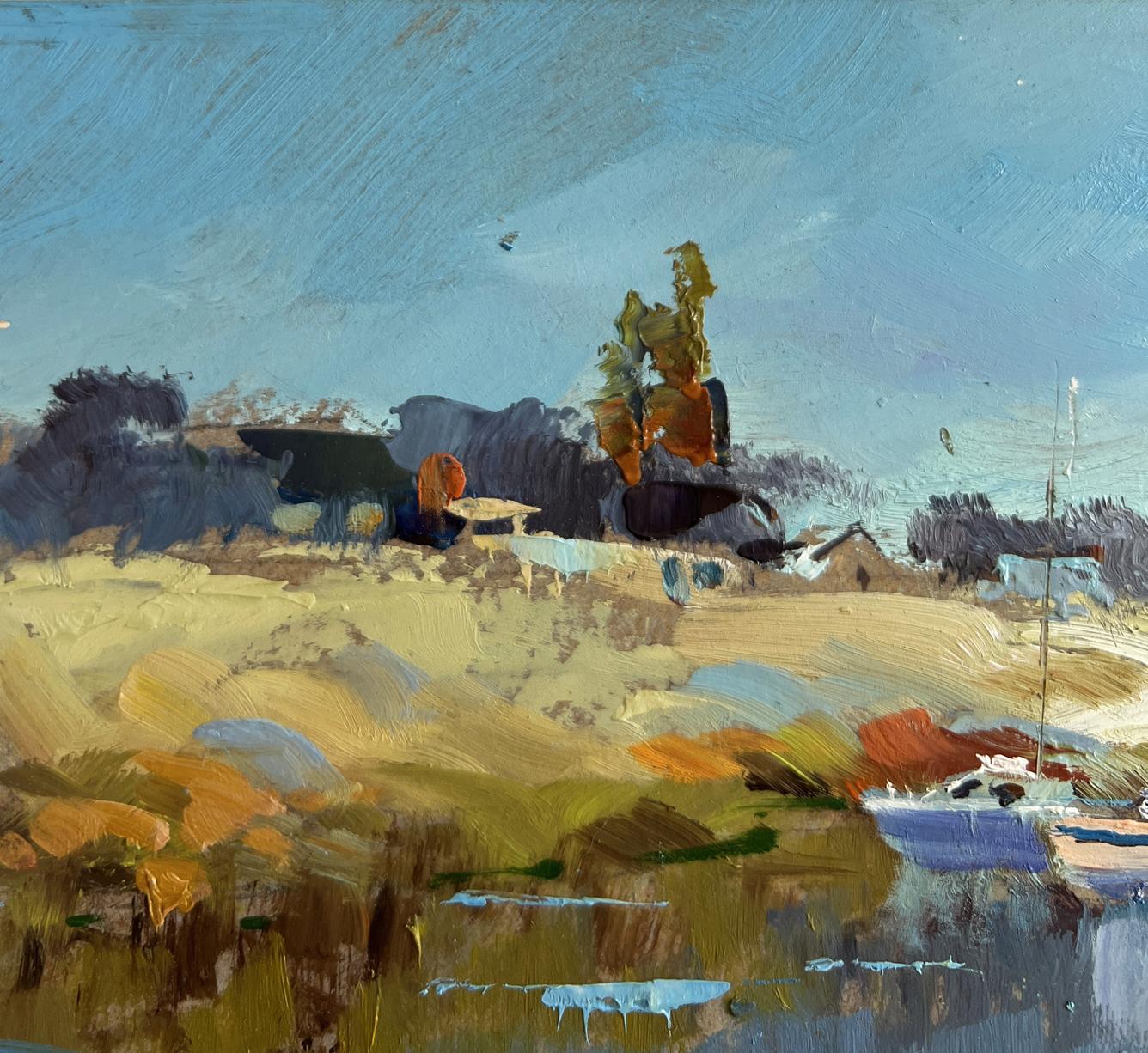 Impressionistic oil painting of sailboats on shore by Yuriy Suprunchuk