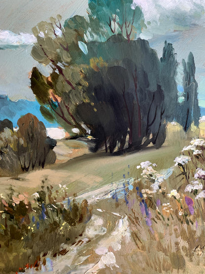 Textured oil painting of sunlit flower field by Yuriy Suprunchuk