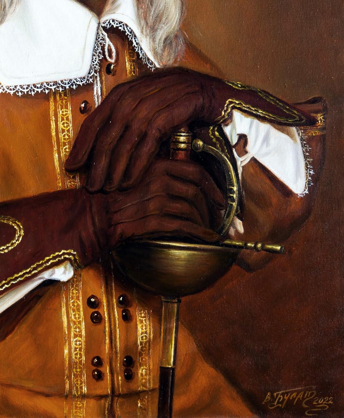 Oil painting Many years later Valeriy Bulat: leather gloves gripping ornate golden sword