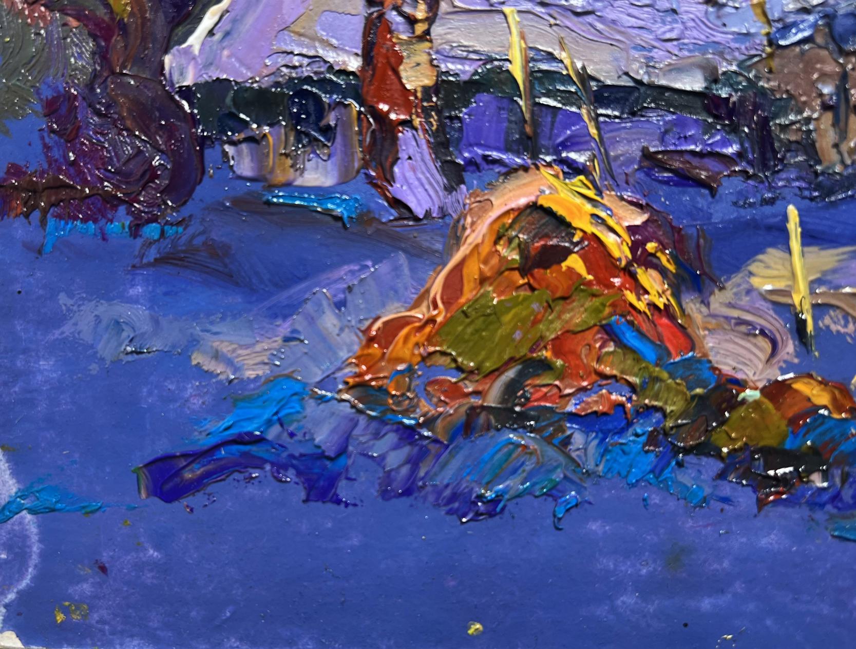 Oil painting Frosty winter evening by Oksana Ivanyuk, vibrant orange impasto on blue