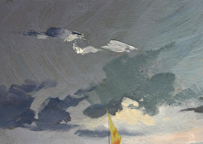 Oil painting A quiet evening by the river by Yuriy Suprunchuk with yellow sail