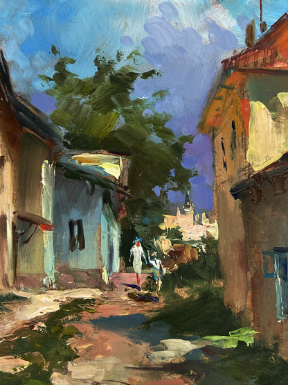 Vibrant impressionist oil painting by Yuriy Suprunchuk of sunlit alleyway